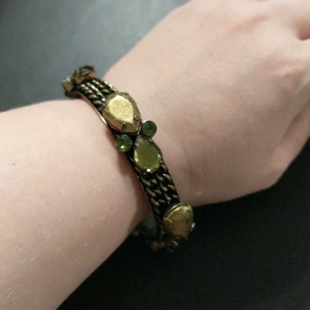 Brass Tone Green Rhinestone Bangle Statement Bracelet